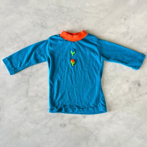 Vintage 70s Girl's Turquoise Flower Appliqué Long Sleeve Mock Neck Shirt - Picture 1 of 6